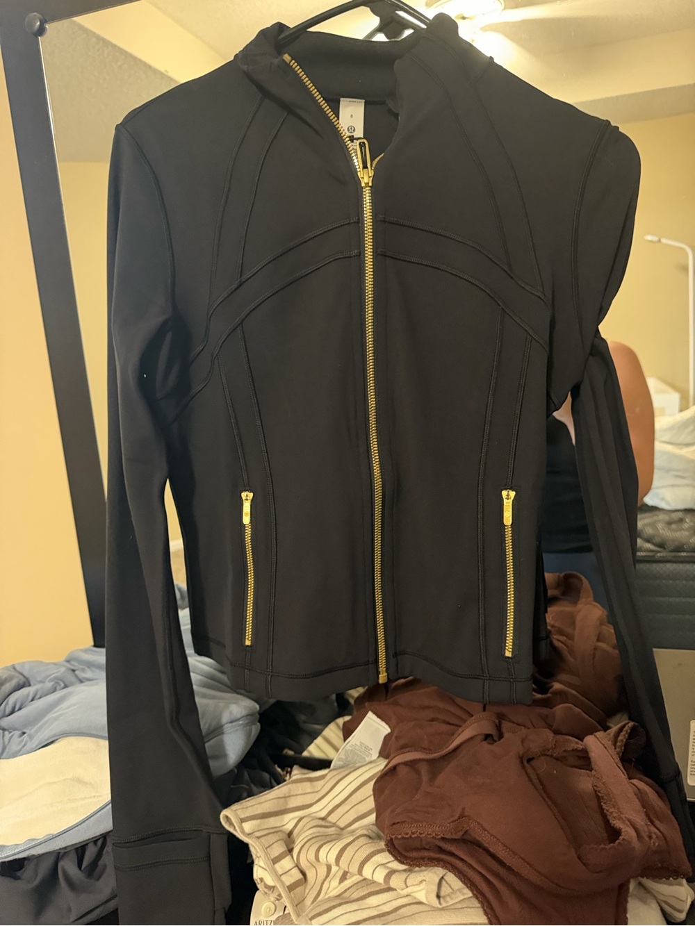 lululemon athletica Black Hooded Bomber Jacket with Gold Zippers cropped